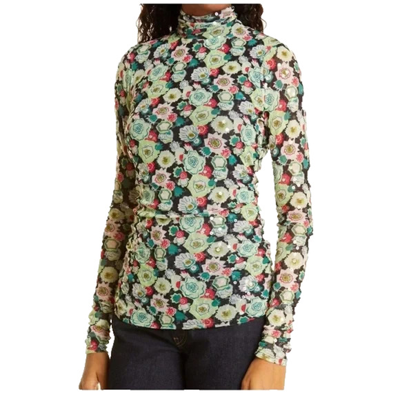 Cinq a Sept Sequin Embellished Shirred Mesh Turtleneck Top Long Sleeve Green S - Picture 1 of 8